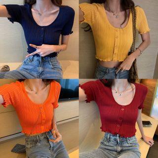 Short-sleeve Ruffled Ribbed Cropped Top