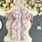 Off-shoulder Lace Trim Zip Floral Dress White - One Size
