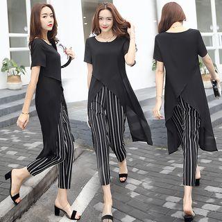 Set: Slit Short-sleeve Top + Striped Cropped Pants