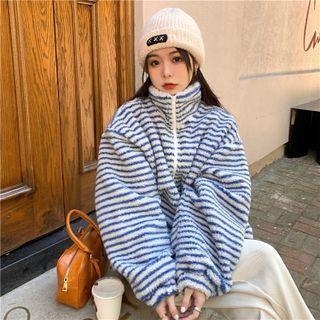 Fleece Striped Loose-fit Jacket Blue - One Size