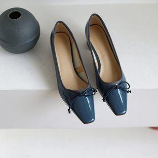 Genuine Leather Bow-accent Block-heel Pumps