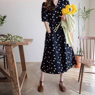 V-neck Dotted Midi Dress With Sash