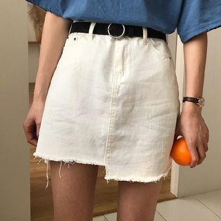 Fringed Hem Mini Denim Skirt