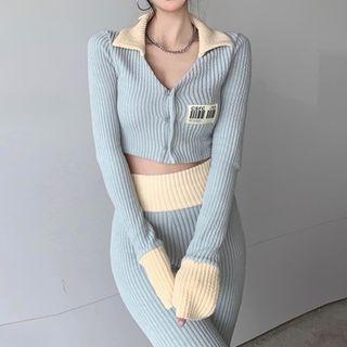 Striped Collared Cropped Cardigan / Ribbed Knit Straight Leg Pants