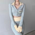 Striped Collared Cropped Cardigan / Ribbed Knit Straight Leg Pants