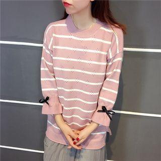 3/4-sleeve Striped Long Knit Top