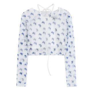 Set: Mesh Butterfly Print Long-sleeve Cropped Top + Plain Camisole Top