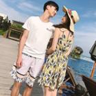 Couple Matching Patterned Spaghetti Strap Dress / Short Sleeve T-shirt / Color Panel Shorts