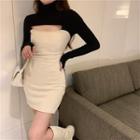 Long-sleeve Two-tone Cutout Turtleneck Mini Bodycon Dress