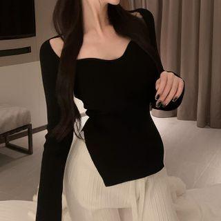 Long-sleeve Asymmetrical Knit Crop Top