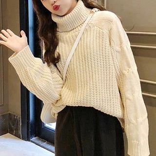 Plain Mock-neck Loose-fit Long-sleeve Knit Top