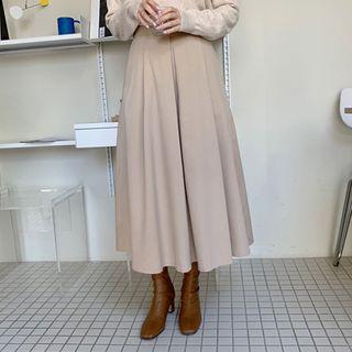 Band-waist Boxy-pleat Long Flare Skirt Beige - One Size