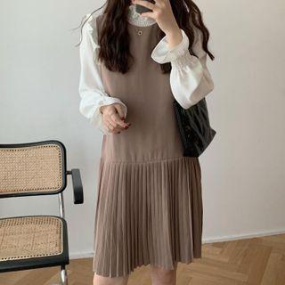 Bell-sleeve Blouse / Accordion Pleat Midi Overall Dress