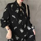 Floral Long-sleeve Loose-fit Dress Black - One Size