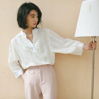 Embroidered V-neck 3/4-sleeve Shirt