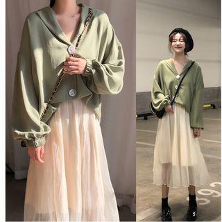 Long-sleeve V-neck Top / Sheer Overlay Midi Skirt