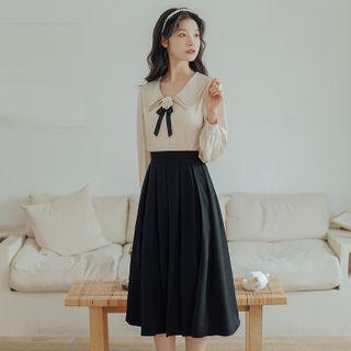 Set: Ribbon Blouse + Pleated A-line Skirt