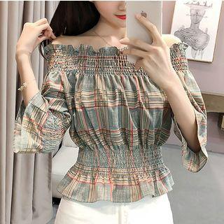 Off Shoulder Plaid 3/4 Sleeve Blouse