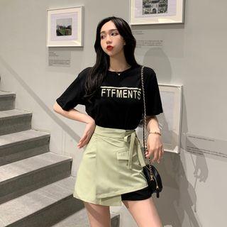 Short-sleeve Lettering T-shirt / Mini A-line Wrap Skirt