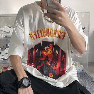 Flame Letter Print Elbow-sleeve T-shirt