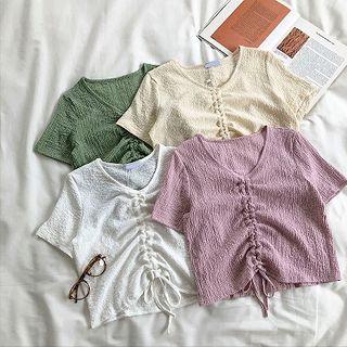 Plain V-neck Drawcord Frilled Short-sleeve Top