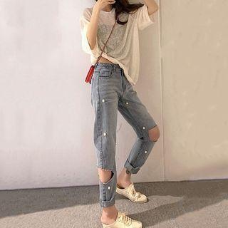 Elbow-sleeve Mesh Top / Tube Top / Beaded Jeans / Set