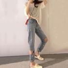 Elbow-sleeve Mesh Top / Tube Top / Beaded Jeans / Set