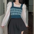 Argyle Sweater Vest / Puff-sleeve Blouse