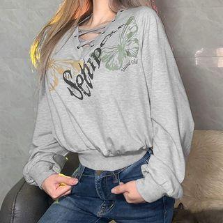 Lace-up Butterfly Print Sweatshirt