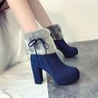 Faux Suede Chunky Heel Furry Paneled Platform Short Boots