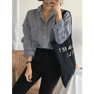 Pocket-front Round-hem Stripe Shirt