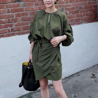 Long-sleeved Puff-sleeve Tie-waist Plain Sheath Dress