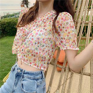 Ruffle Trim Floral Blouse As Shown In Figure - One Size