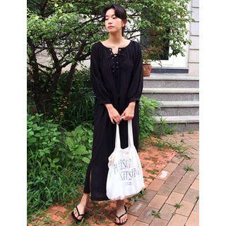 Eyelet Lace-up Puff-sleeve Maxi Dress