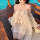Long-sleeve Off Shoulder Embroidered Mesh Mini Dress Almond - One Size