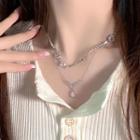 Rhinestone Pendant Layered Alloy Necklace Pink & Silver - One Size