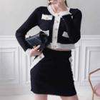 Set: Fringed Trim Contrast Trim Cardigan + Knit Skirt Set - Black - One Size