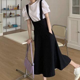 Puff-sleeve T-shirt / Suspender A-line Midi Skirt / Set