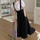 Puff-sleeve T-shirt / Suspender A-line Midi Skirt / Set