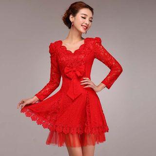 Bow Accent Lace Long Sleeve Bridesmaid Dress