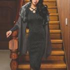 Long-sleeve Knit Sheath Dress Dark Gray - One Size