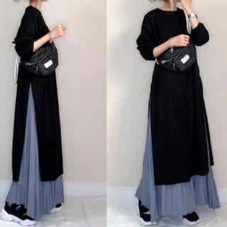 Set: Slit Midi Sweater Dress + Maxi A-line Skirt Sweater Dress - Black - One Size / Skirt - Blue - One Size