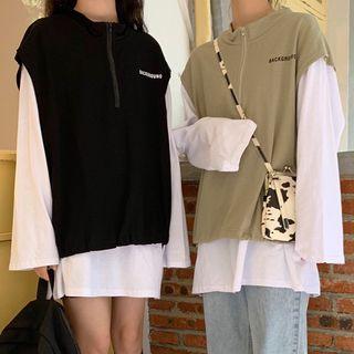 Long-sleeve T-shirt / Letter Zip Placket Vest