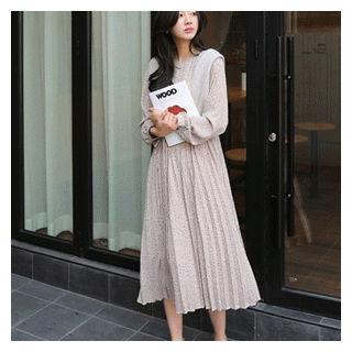 Round-neck Tie-waist Pattern Dress Beige - One Size
