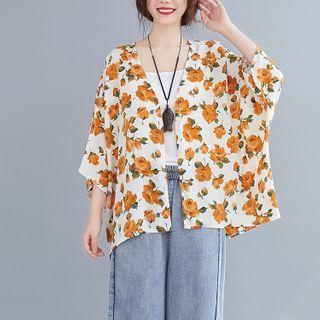 Elbow-sleeve Floral Print Buttoned Blouse Orange Floral - White - One Size