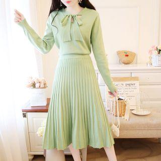 Set: Long-sleeve Ribbon Knit Top + A-line Midi Skirt