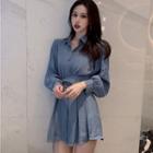 Set:plain Long-sleeve Blouse + High-waist Shorts