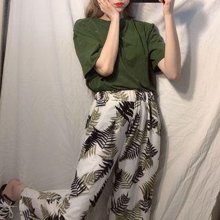 Plain Long Sleeve T-shirt / Leaf Print Loose Fit Pants