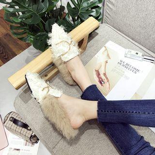 Fringed Embellished Pointy-toe Furry Mules