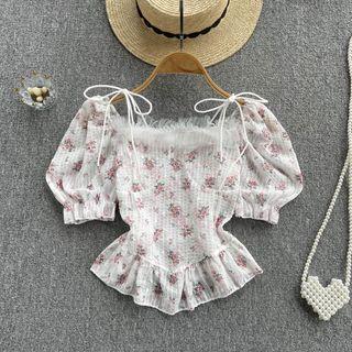 Puff-sleeve Floral Cropped Blouse White - One Size